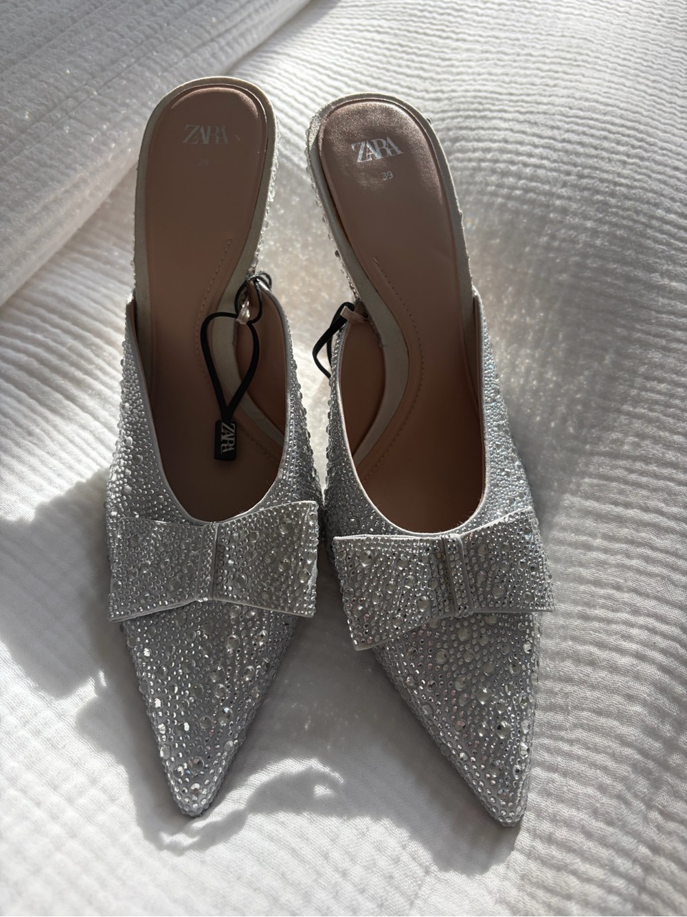 Zara Silver Crystal Bow Pointed-Toe Slingback Mules